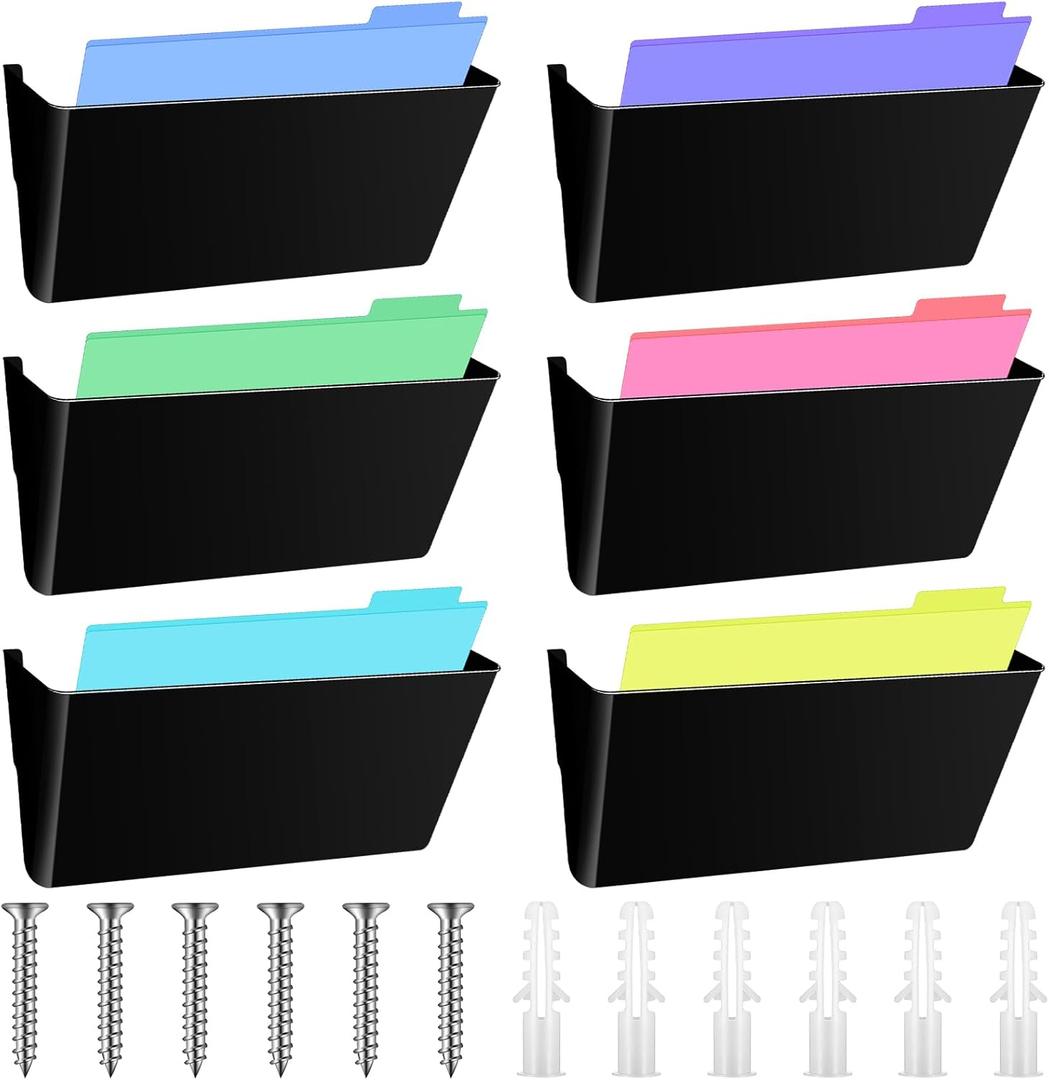 Colarr 6 Pcs Legal Size Plastic Single Pocket Wall Mount File Holder Hanging Wall File Organizer with Screws Folder Letter Paper Mail Organizer for Office Home Classroom (Black)
