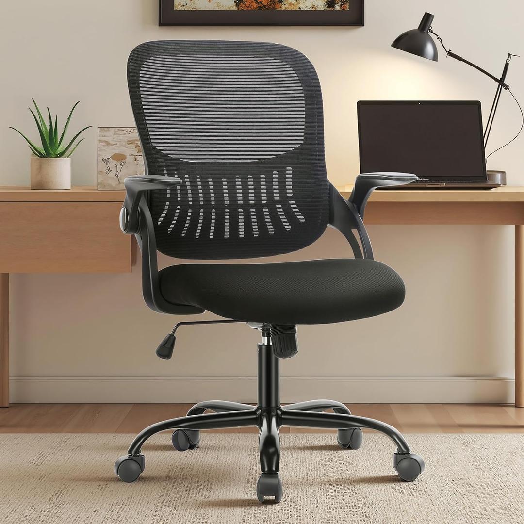 Sweetcrispy Home Office Managerial Executive Chair, Ergonomic Mesh Adjustable Swivel Mid-Back Chair with Comfortable Lumbar Support, Comfy Arms for Bedroom,Study,Student, 18.5"D&Flip-up Arms-Plus