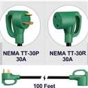 STRIGHT 100FT RV Extension Cord 30 Amp, RV Power Extension Cord NEMA TT-30P Male to TT-30R Female Heavy Duty 10 AWG STW 3-Wire for RV Trailer Campers 125V, 3750W, ETL Listed (100FT 30AMP), Green Plug