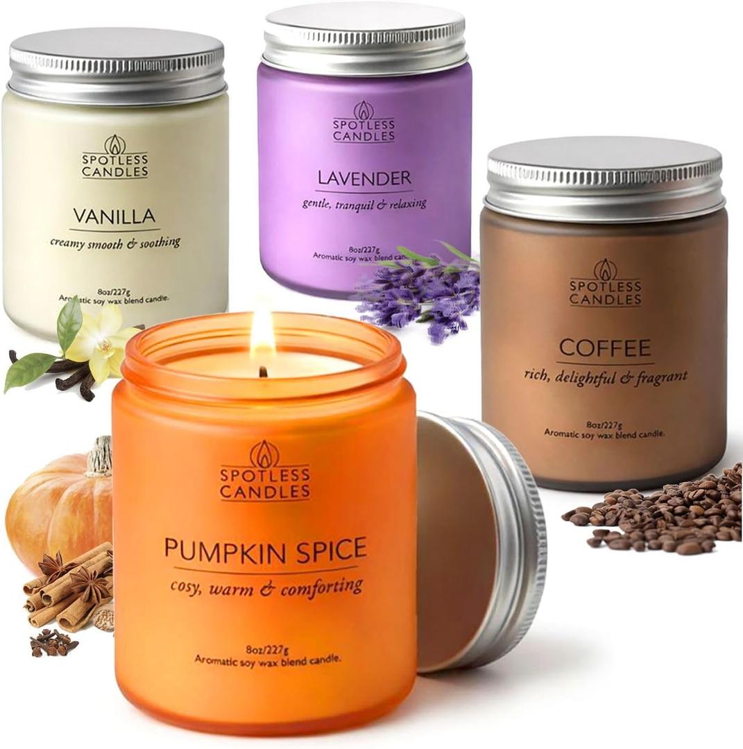 Candle Gift Set for Women 4 x 8oz: 200 Hour Burn, 10% Fragrance Oil, Coffee, Vanilla, Lavender & Pumpkin Spice, Frosted Colored Glass Jars, Silver Lids, Luxury Gift Box by Spotless Candles