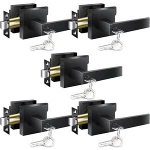 Door Handles Interior, Door Knobs Interior, Black Door Handle with Reversible Lever, Keyed Alike Door Lock Sets for Bedroom, 5 Packs Heavy Duty Door Lock Sets, Matte Black (Entry(Lock with Same Keys))
