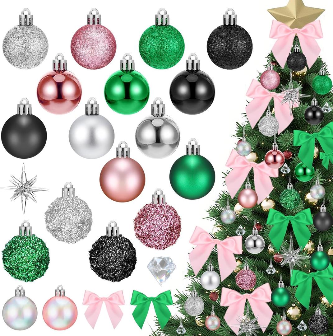 Simgoing 108 Pcs Witch Theme Christmas Ball Ornament Pink Green Christmas Decor Include Hanging Balls Pink Green Bows and Hanging Crystals Acrylic for Witch Holiday Decor Wizard Party Supplies