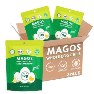 Magos Egg Chips – Garlic Parmesan, Healthy Snack, High Protein Low Carb, Light Cracker-Style Crunch, 1.1 oz Bags – Keto, Vegetarian & Carnivore Friendly, No Gluten Ingredients (3-Pack), Expiry: 9/16/2027