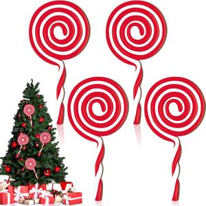 Soaoo 4 Pcs 12 Inch Large Christmas Candy Cane Ornaments Wooden Peppermint Lollipop Christmas Picks for Tree Red White Candy Picks Hanging Ornaments for Xmas Tree Holiday Party Home Vase Decorations