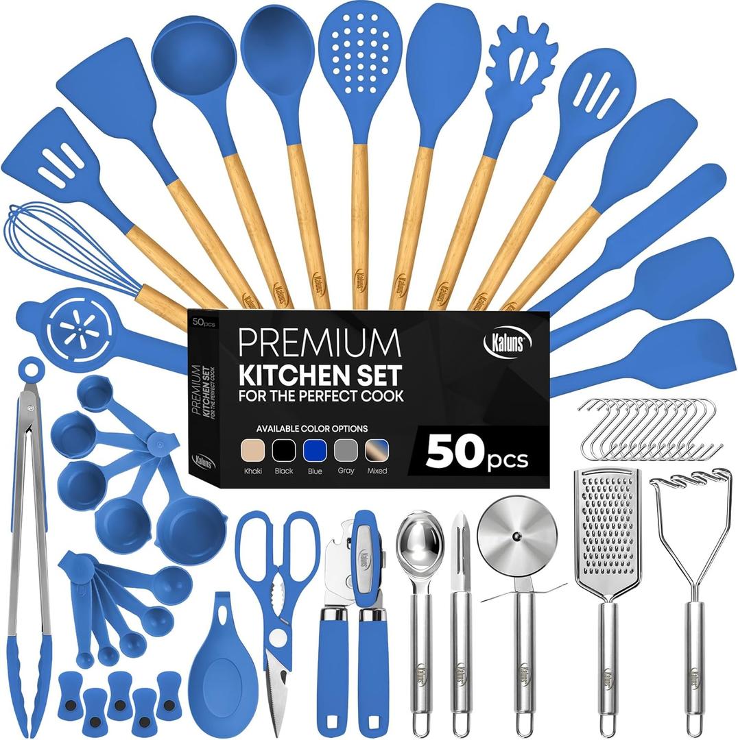 Kaluns 50 PCS Silicone Kitchen Utensils Set - Mothers's Day Gifts For Mom Wife Complete Kitchen Set 800F Heat Resistant Non-Stick Premium Silicone Cooking Utensils W Wooden Handles Gifts For Mothers (Blue)