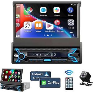 Naifay Single Din Car Stereo Compatible with Apple Carplay & Android Auto, 7inch Flip Out Touchscreen Car Radio with Bluetooth Foldable Car Audio Receivers, Mirror Link/Camera/FM/USB/AUX/TF/Subwoofer