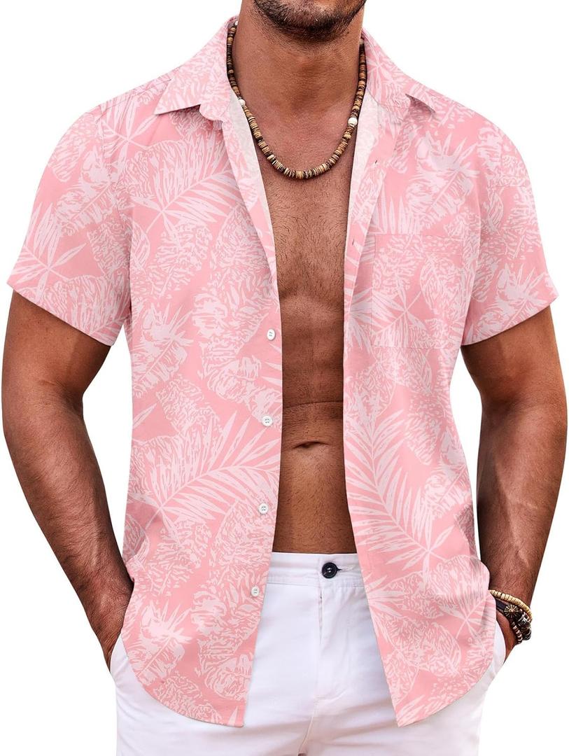 COOFANDY Mens Hawaiian Shirt Short Sleeve Button Down Shirts Tropical Summer Beach Shirts Casual Floral Aloha Shirts (Medium, Pink Leaves)