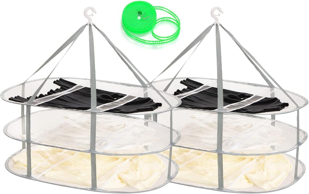 AUTODECO 2 Pack 3-Tier Folding Mesh Clothes Hanging Dryer, Sweater Drying Rack, Large Laundry Drying Rack, Lay fold Flat Dry Hanger, Mesh Clothes Hanging Dryer - XL(3Tier)+XL(3Tier)