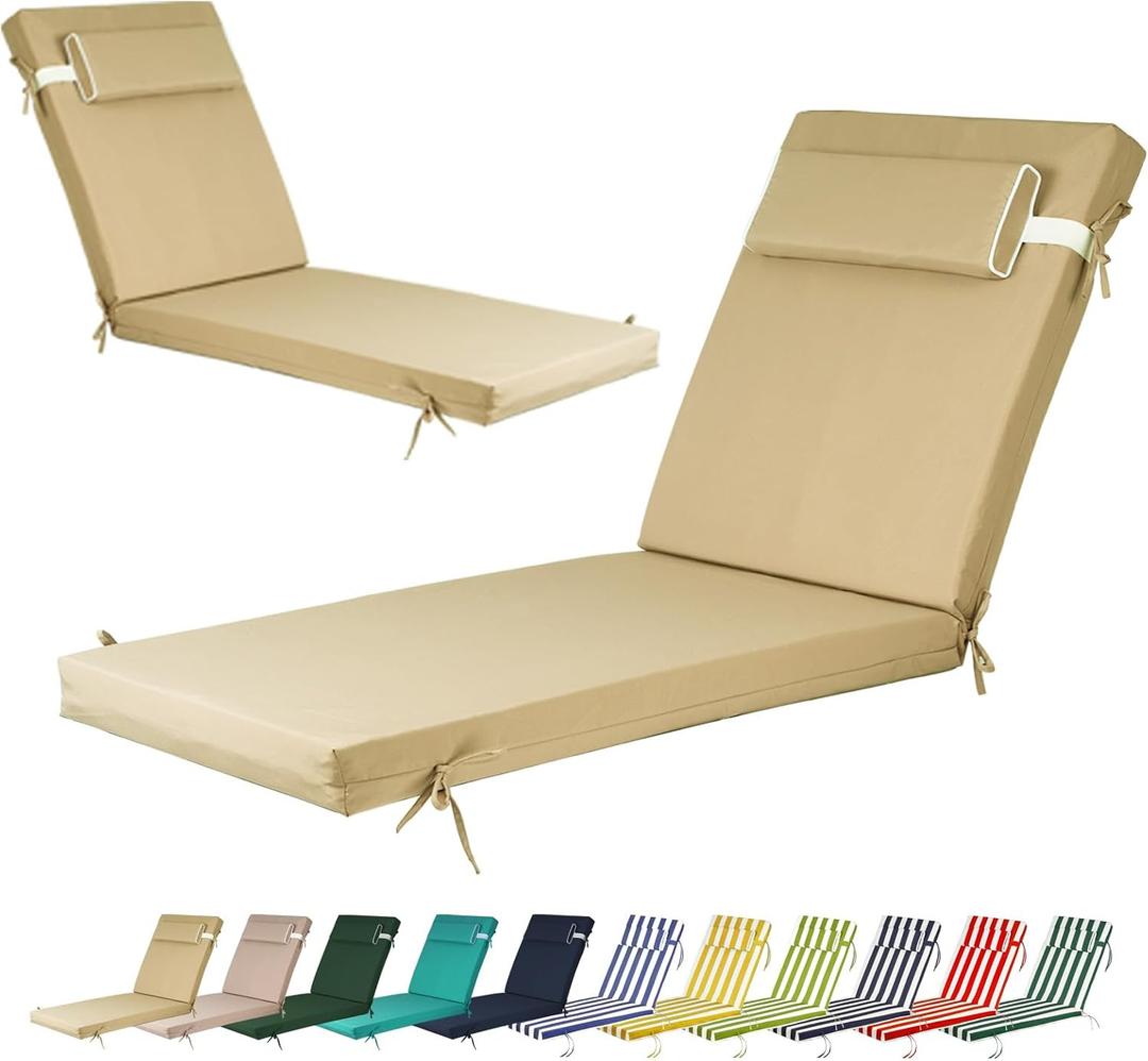Chaise Lounge Cushions for Outdoor Furniture, Waterproof 80 x 26Inch Patio Chaise Lounge Cushion with Ties, 2.8 inch Thicks Replacement Cushion for Lawn Pool (Beige, 80 * 26 inch)