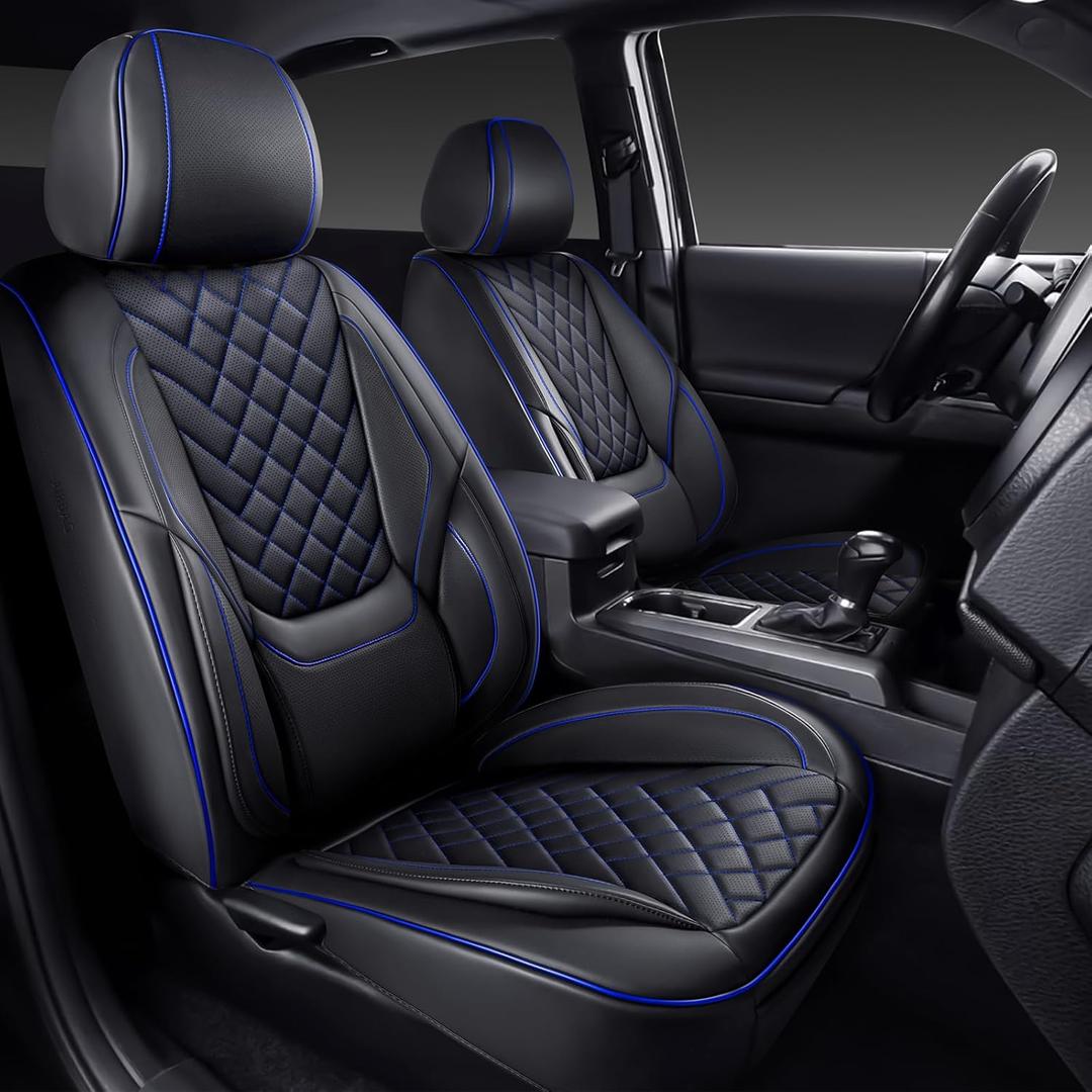 Tacoma Seat Covers Full Set 2016-2023, Leather Pickup Truck Seat Covers with Lumbar Support Custom Fit for Toyota Tacoma Double/Crew Cab SR SR5 TRD Sport TRD Off-Road TRD Pro(Black Blue)