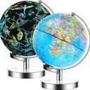 Exerz Illuminated World Globe 9.1-inch Diameter Metal Base - Political Map (Day) Constellation Globe (Night) - 2 in 1 Light up Cable Free LED lamp