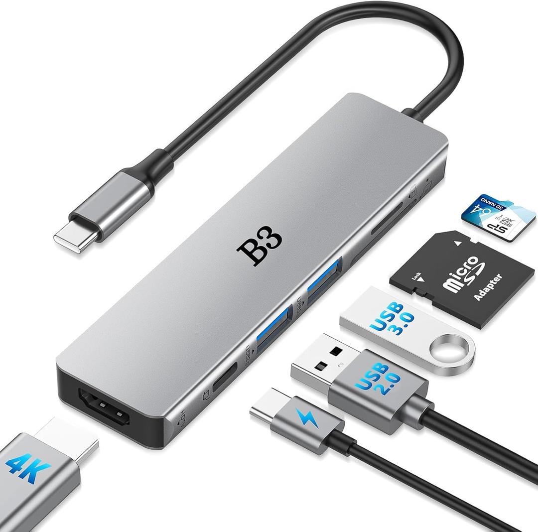 USB C Hub 6-in-1 Multi-Port Adapter with 4K@60Hz HDMI, 100W PD, 2 USB A Data Ports, and SD/TF Card Reader Aluminum Type-C Hub for MacBook Air/Pro M1/M2, iPhone 17 Pro Max, Surface Go, XPS, iPad