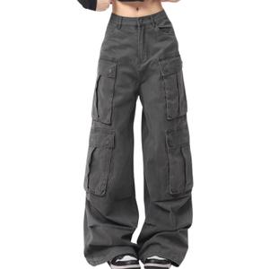 Baggy Cargo Pants for Women Men High Waisted Y2k Hip Hop Grunge Pants with Pockets Casual Streetwear Grey-L 