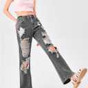WDIRARA Girl's Cut Out Ripped Pocket Flare Leg Zipper Denim Jeans High Waist Pants