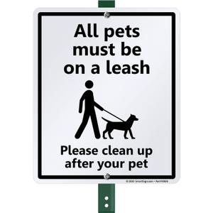 SmartSign 12 x 10 inch All Pets Must Be On A Leash - Please Clean Up After Your Pet Yard Sign with 3 foot Stake, 40 mil Laminated Rustproof Aluminum, Black and White, Set of 1