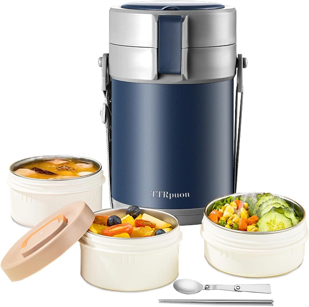 82oz Thermo Container For Hot Food, 3 Tier Wide Mouth Insulated Stackable Food Container, lunch box for Work Office Outdoors Picnic (BLUE)