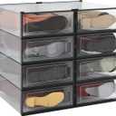 PARANTA 8-Piece Boot and Shoe Storage Box, Stackable Clear Plastic Shoe Box, Space-Saving Shoe Organizer for Boots, Sneakers, and High Heels, Black