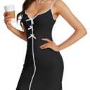 Vrtige Women's Colorblock V Neck Sleeveless Nightgown Ruffle Bodycon Mini Nightdress Black Medium