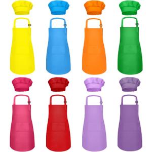 Kids Apron and Chef Hat Set Bulk Childrens Bib with 2 Pockets Adjustable for Boys Girl's Cooking Baking Painting for Age 6-13 Years (8 Colors Mixed) Kids Apron and Chef Hat Set Bulk Childrens Bib with 2 Pockets Adjustable for Boys Girl's Cooking Baking Painting for Age 6-13 Years (8 Colors Mixed)