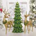 Newman House Studio Standing Reindeer Tree Figurine Christmas-Decor - 3PC Large Christmas Reindeer Decor Indoor Gold Resin Deer with Tree Statue White Farmhouse Decor 10.75 * 7 * 20.25 inch
