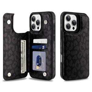SOKAD for iPhone 16 Pro Max Leather Wallet Case with Card Holder for Women Men, Trendy Leopard Cheetah Pattern, Double Magnetic Clasp Flip Phone Cover with 3 Card Slots, Black Leopard