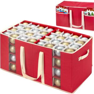 inin Christmas Ornament Storage Box with Adjustable Dividers,Christmas Ornaments Organizer with Zipper,Storage Container Bin with Side Pockets for Holiday Decorations(128 Ball, Red, without Tray)