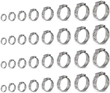 IEUYO Single Ear Clamps Assortment Kit, StepLess Clamps, Pex Pinch Ring Clamp for Securing Pipe Hoses and Automotive Use 304 Stainless Steel 3/ 8"-1" (7.8mm-25.6mm) 120Pcs/ 8Sizes