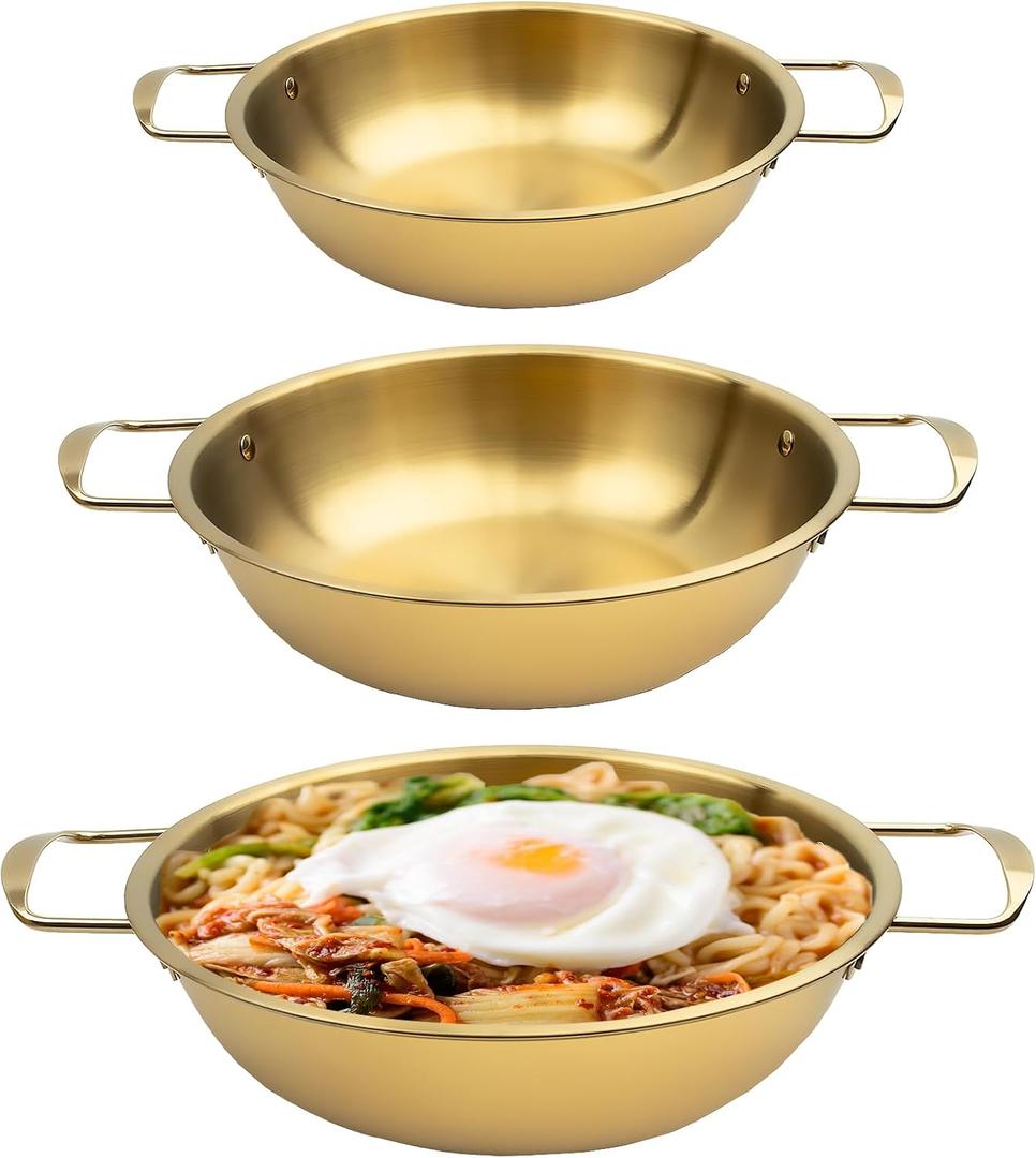 3 Korean Ramen Noodle Pot with Handles, Stainless Steel Everyday Pan, Golden Korean Cooking Pot for Soup, Noodle, Pasta, Home and Outdoor, Dishwasher Safe, Size 7.7", 9.25", 10"