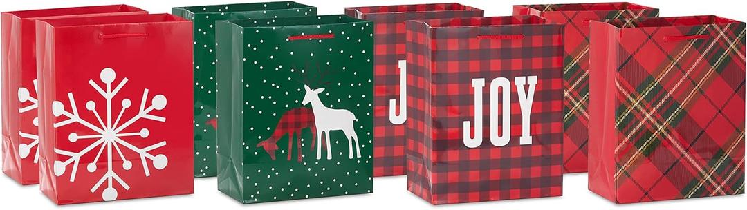 2 x Hallmark Image Arts 8" Medium Christmas Gift Bags (8 Red and Green Bags: Plaid, Snowflake, Joy, Deer) for Teachers, Coworkers, Family