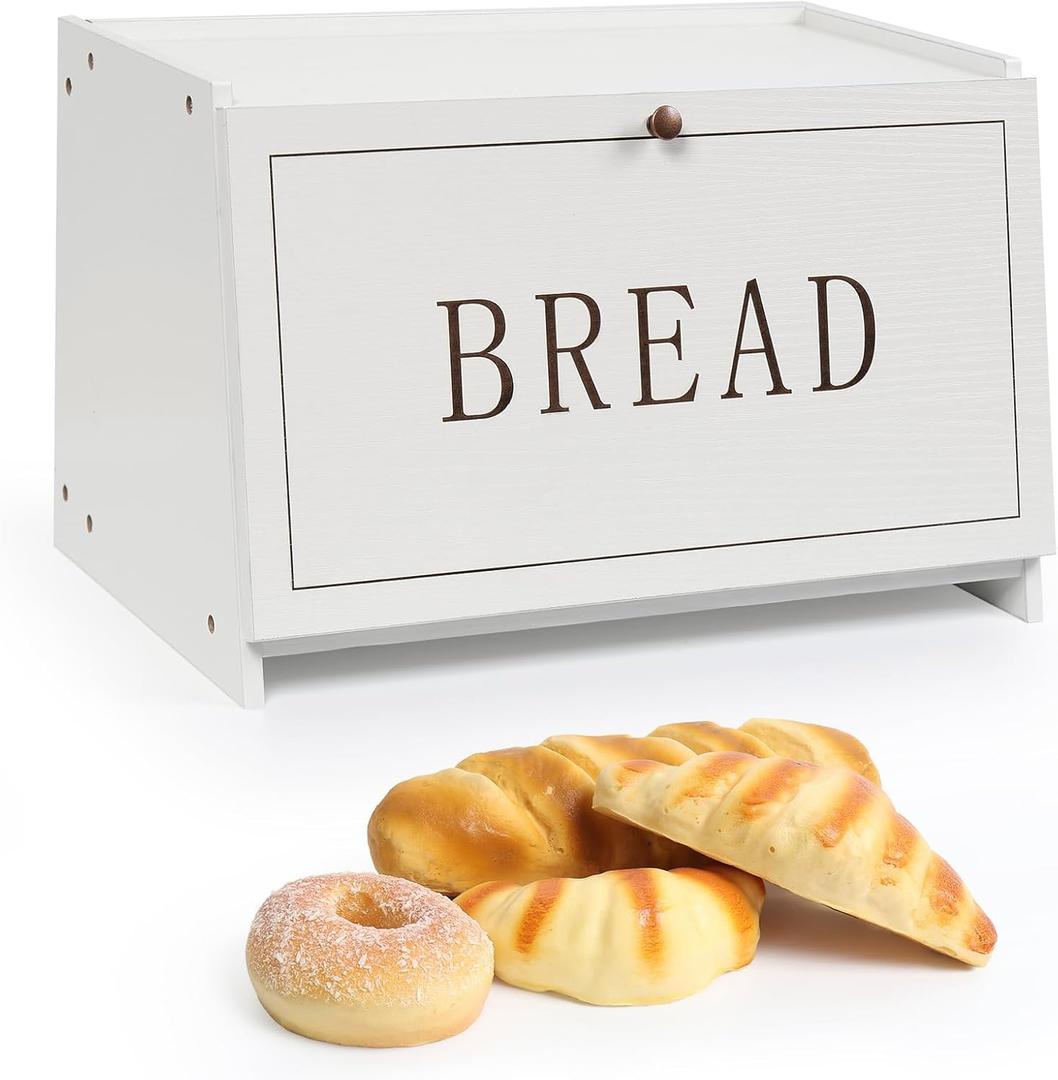 Bread Box for Kitchen Countertop, Large Capacity Bread Storage Container for Homemade Bread, Wooden Bread Holder Bread Bin for Kitchen Counter Corner, Cabinet, Pantry, Cupboard (White)