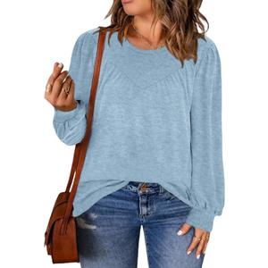 DOLNINE Womens-Plus-Size-Tops Trendy Puff Long Sleeve Shirts Cute Crewneck Pleated Blouses Lightweight Loose Fit Sweatshirts (3X-Large, 01_light Blue)