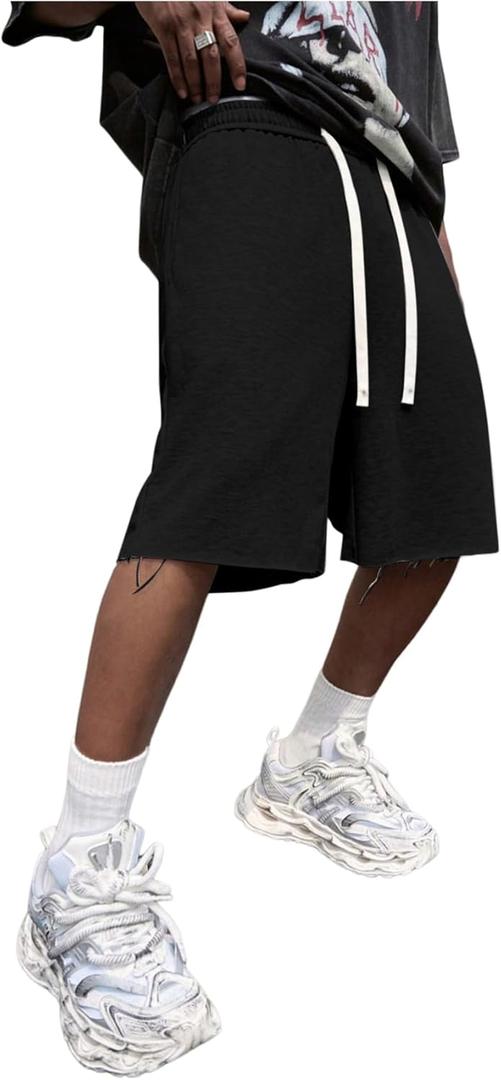 SHENHE Men's Baggy Sweat Shorts Drawstring Waist Wide Leg Raw Loose Athletic Gym Shorts with Pockets Summer (Black, L)
