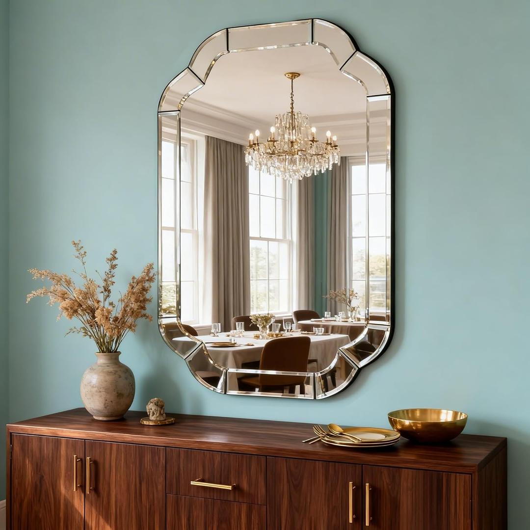 35.4" x 23.6" Scalloped Rounded Corner Bathroom Mirror, Wavy Beveled Arched Decorative Wall Mounted Mirror for Living Room, Entryway, Bedroom