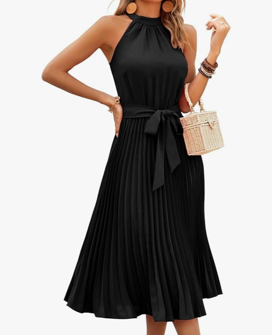 Women's 2025 Summer Sleeveless Halter Neck Pleated Midi Cocktail Dresses A Line Flowy Beach Sun Dress Medium Black