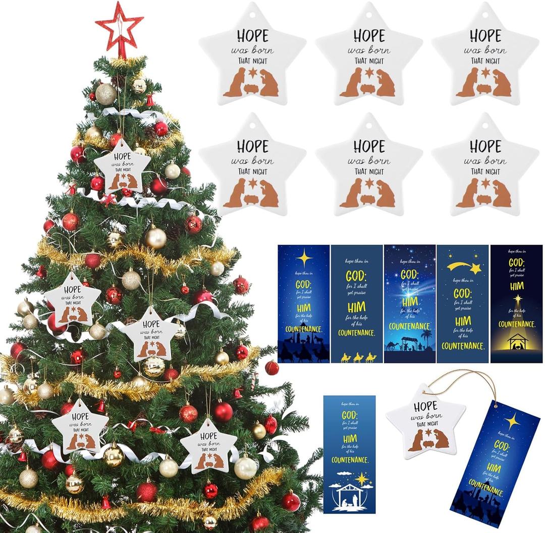 24 Pcs Nativity Christmas Ornaments Bulk Ceramic Nativity Scene Christmas Tree Hanging Ornaments Hope was Born Ceramic Star with Bible Verses Bookmark for Xmas Tree Family Holiday Home Decor