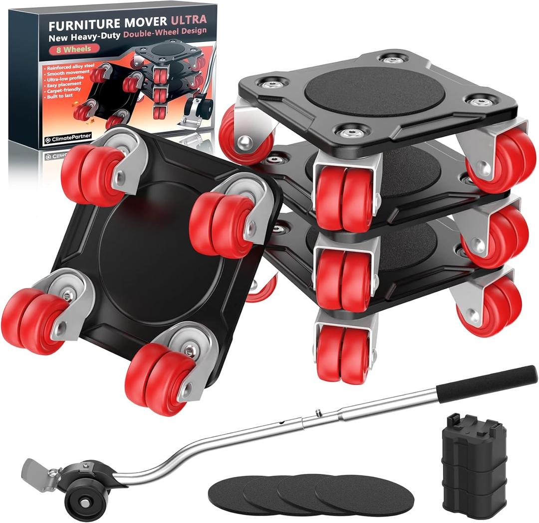 Furniture Mover Ultra with 8 Wheels  Upgraded Double-Wheel Design, Carbon Steel Panel Heavy Duty Dolly with Lifter, Max Load 2200 LBS, More Stable & Smoother Moves (5.55.5 in)