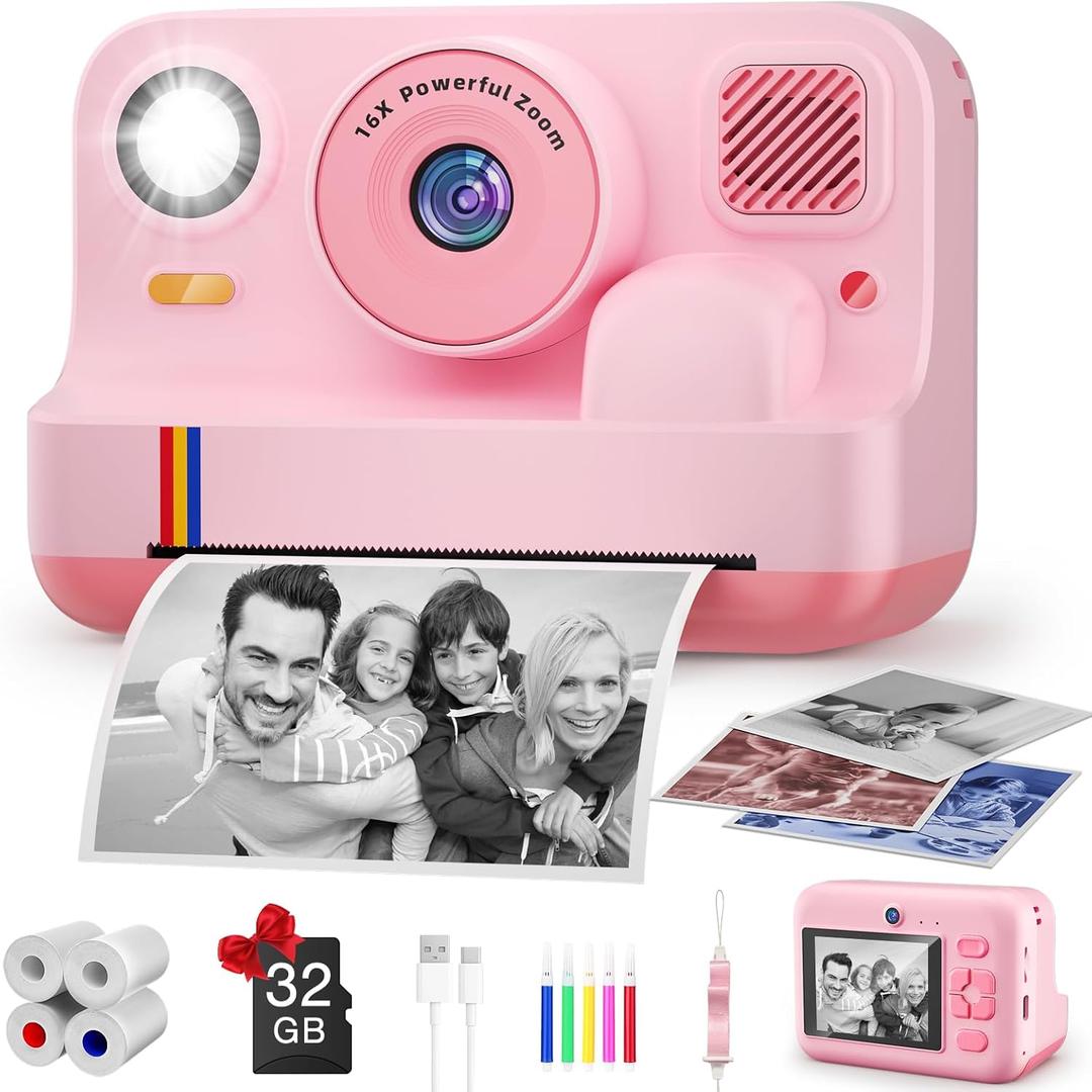 Instant Print Camera for Kids, App Printing, 1080P Video, Dual-Lens Selfie Digital Camera with 32G SD, Christmas Birthday Gifts for Girls Boys 4 5 6 7 8 9 10 11 12 Year Old, Portable Toddler Toy (Pink)