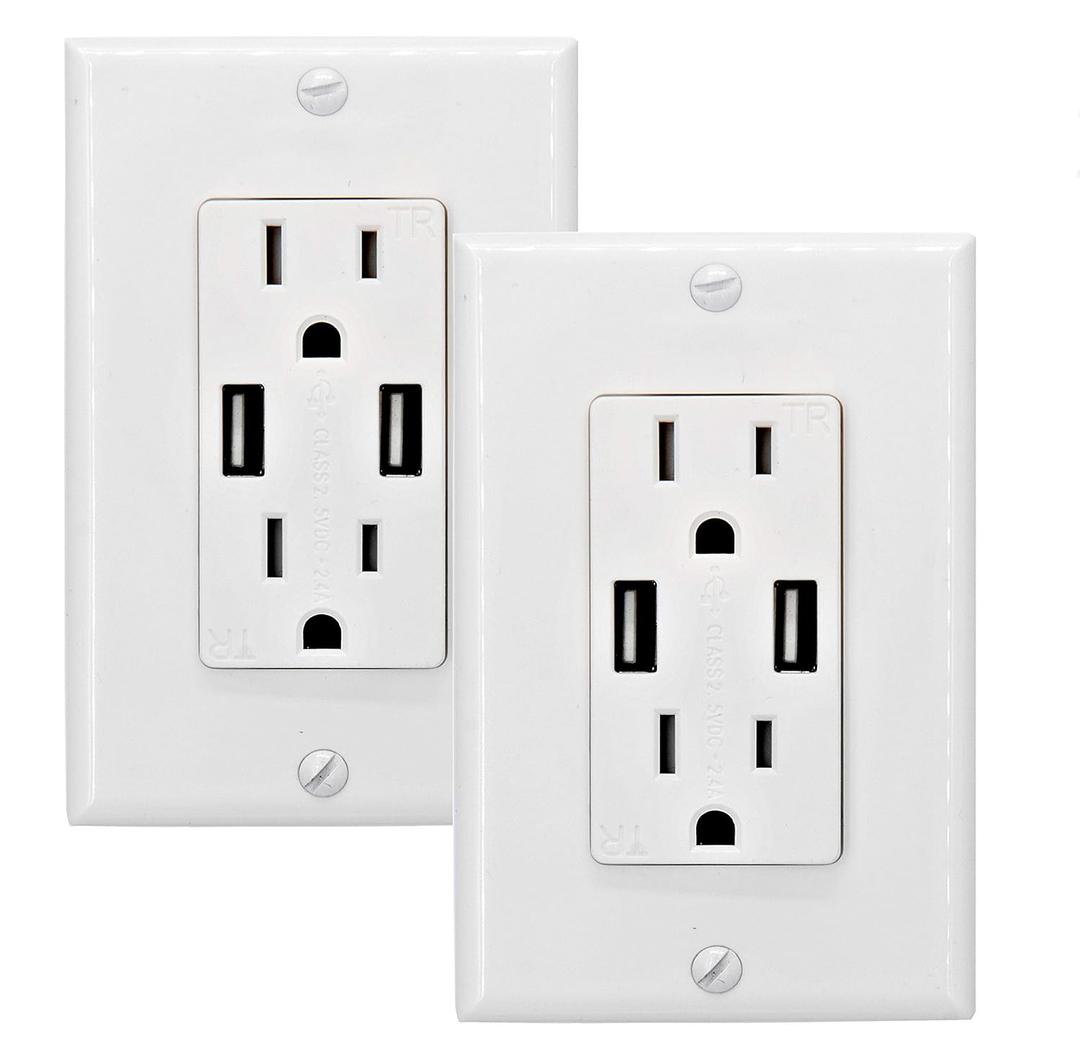 OviiTech 2.4 AMP Dual High Speed Wall Mount Charger USB Outlet,15A Tamper Resistant Receptacle, 2 Wall Plate Included,White (2 Pack)