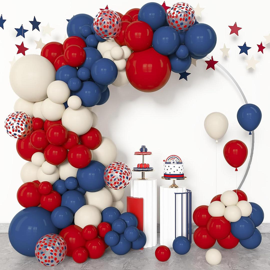Amandir 153Pcs Red White Blue Balloon Arch Kit, Different Sizes 18 12 10 5 Inch Navy Blue Dark Ruby Red Memorial Day 4th of July Balloons Patriotic Graduation Independence Veterans Day Decorations