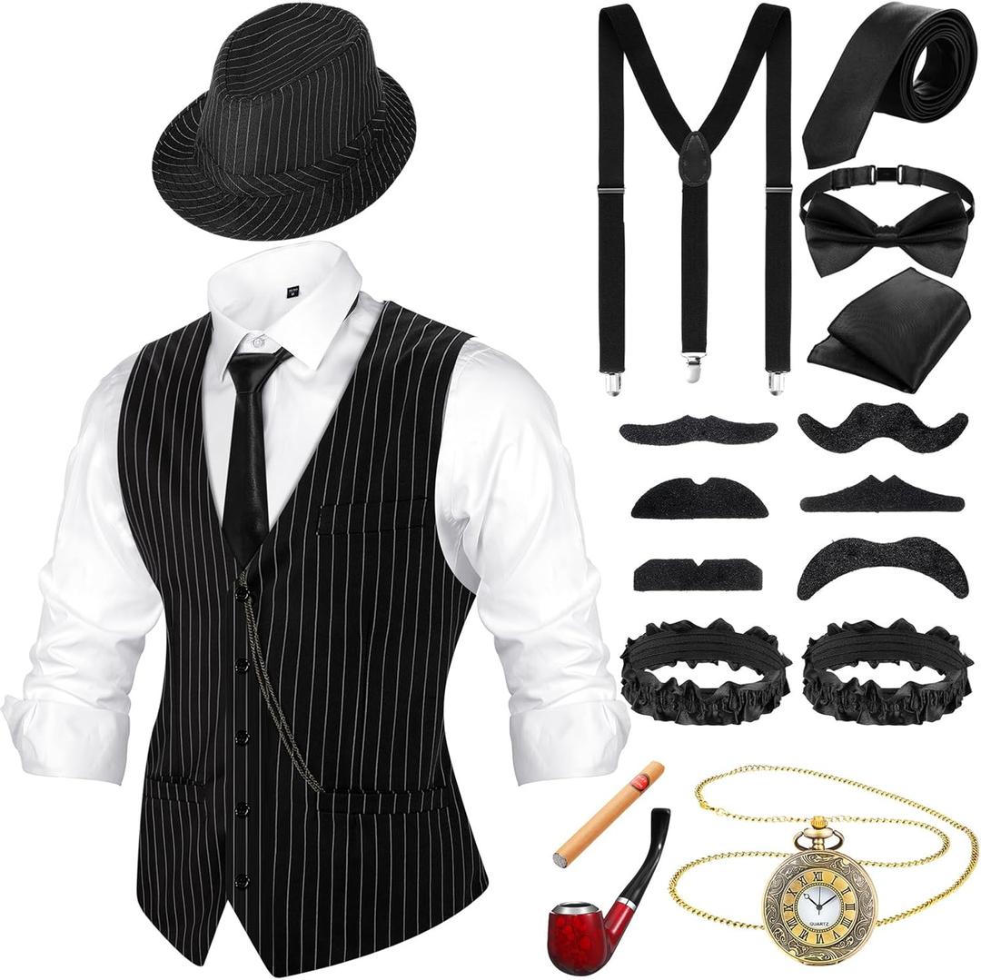 Neer 1920s Men Costume Accessories Outfit with Gangster Vest Hat Vintage Pocket Watch Bow Tie Suspenders Accessories (Medium, Black White Stripe)