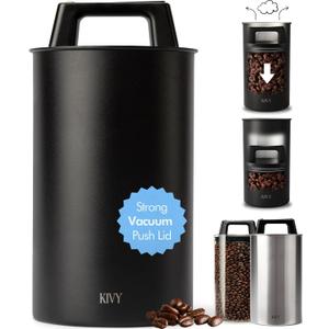 KIVY Vacuum Coffee Canister - Push Lid Preserves Coffee Aroma & Oil - Stainless Steel Airtight Coffee Canister - Container for Ground & Coffee Bean Storage - Coffee Storage Jar - Removes Excess Air, Medium, Black 