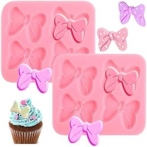 Bow Silicone Mold,2 Pcs 4 Hole Bow Chocolate Mold,Bows Fondant Molds Sugar Candy Cake Pop Mouse Bow Cartoon Butterfly Tie Craft Molds for DIY Birthday Party Cake Decorating