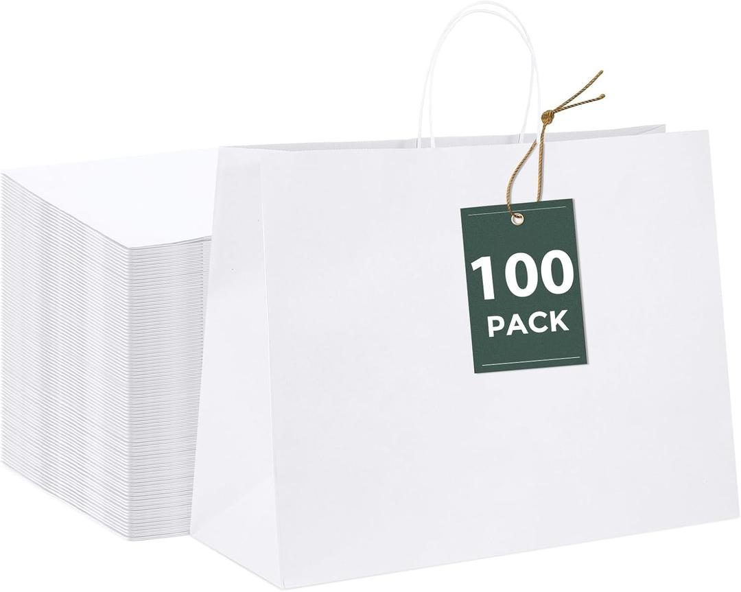 GSSUSA 16x6x12 100Pcs White Gift Bags with Handles,Paper Gift Bags?White Large Paper Bag with Handles, 100% Recyclable Shopping Kraft Paper Bags for Small Business, Party Favor