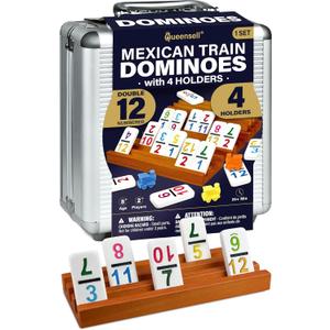 Queensell Mexican Train Dominoes Set with Numbers and 4 Holders - Wooden Hub and Domino Holders - Double 12 with Numbers (D12 Numbers + 4 Holders)