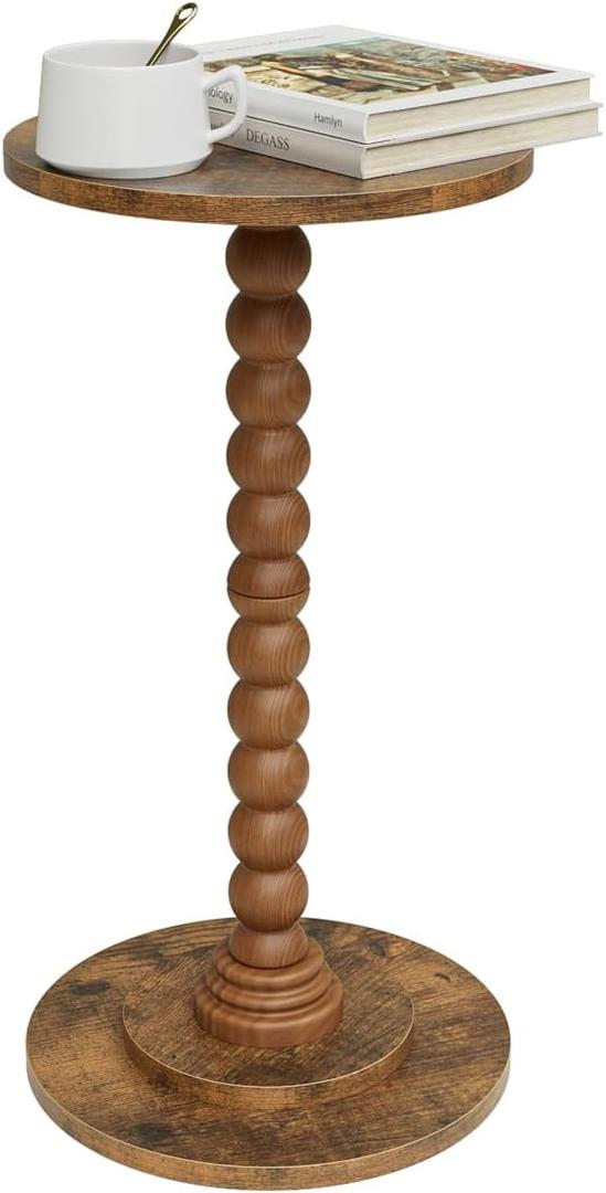 Masupu Round Side Table, Small End Table for Small Spaces, Pedestal Drink Table with Solid Wood Leg for Living Room, Bedroom, Corners(Rustic Brown)