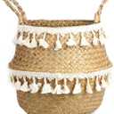 Tassel Macrame Woven Seagrass Belly Basket for Storage, Decoration, Laundry, Picnic, Plant Basin Cover, Groceries and Toy Storage (Large, Tassel) (Ivory White)