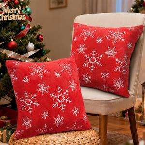 Feagar Christmas Pillow Covers 18x18 2-Pack, Xmas Decorations Soft Plush Faux Fur Wool Snowflake Throw Pillow Cases Holiday Festivals Winter Home Decor for Sofa Bedroom Living Room