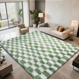 Area Rugs for Bedroom Living Room,4x6 Green and White Fluffy Soft Checkered Rug Fuzzy Shag Shaggy Carpet, Indoor Plush Floor Rugs for Kids Boys Girls Teen Dorm Nursery Home Decor