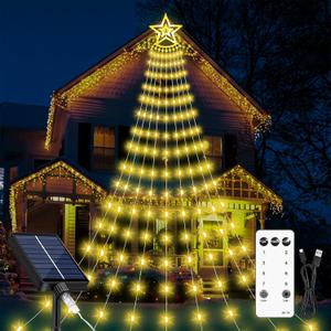 Christmas Solar Decorations Star Lights Outdoor, 11.48ft 350LED Waterfall Tree Lights with 8 Modes Timer Remote String Lights USB Powered for Garden Yard Patio Home Holiday Party Decor, Warm White