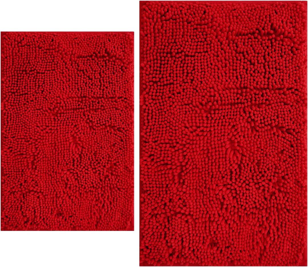 BOANKODU Bathroom Rugs Sets 2 Piece, Extra Soft Chenille Bath Mat Absorbent Bathroom Rug, Bathroom Mat with Sturdy PVC Non-Slip Bottom, Machine Washable Bath Rugs (32x20 Inch + 24x16 Inch, Red)